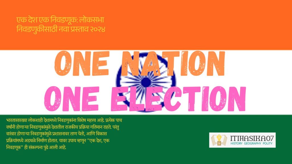 'एक देश एक निवडणूक'India's flag-themed graphic showing unity and simultaneous elections through shared voting symbols.