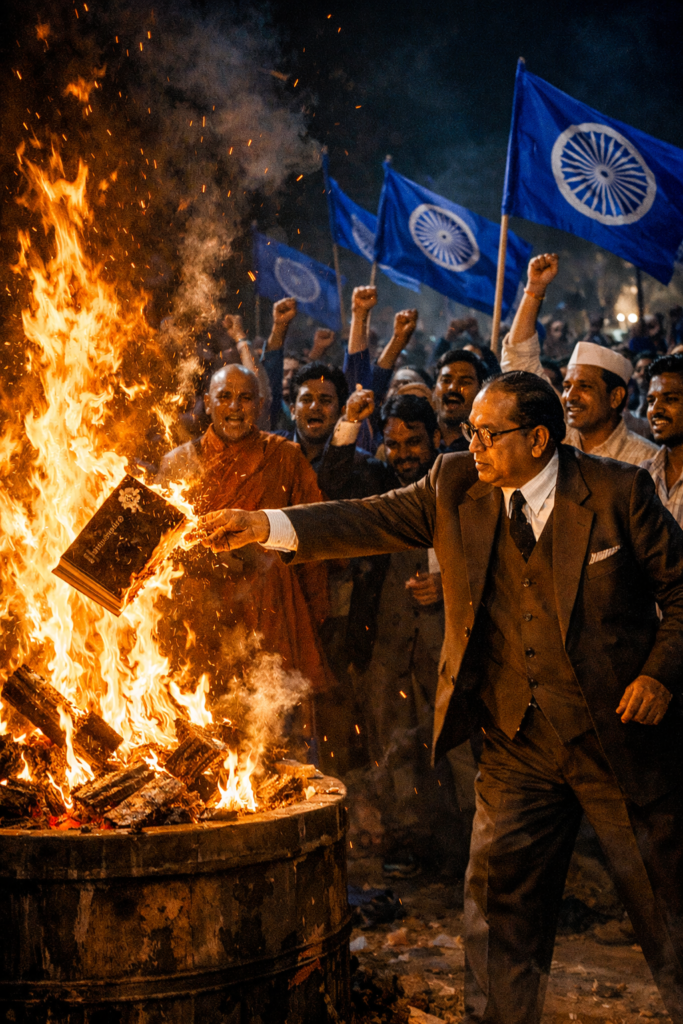 मनुस्मृती दहन दिन – बाबासाहेब आंबेडकर मनुस्मृती जाळताना ऐतिहासिक क्षण – AI generated illustration.