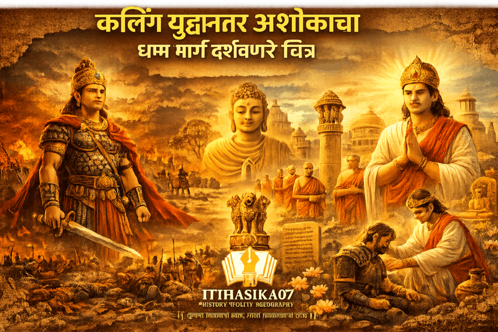 कलिंग युद्धानंतर अशोकाचा धम्म मार्ग दर्शवणारे चित्र– AI generated illustration