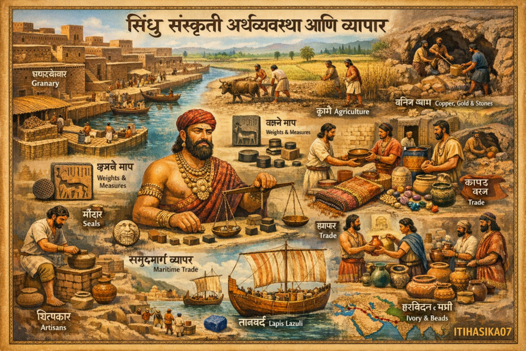 सिंधू संस्कृतीतील व्यापार आणि अर्थव्यवस्था स्पष्ट करणारे चित्र – AI generated illustration.