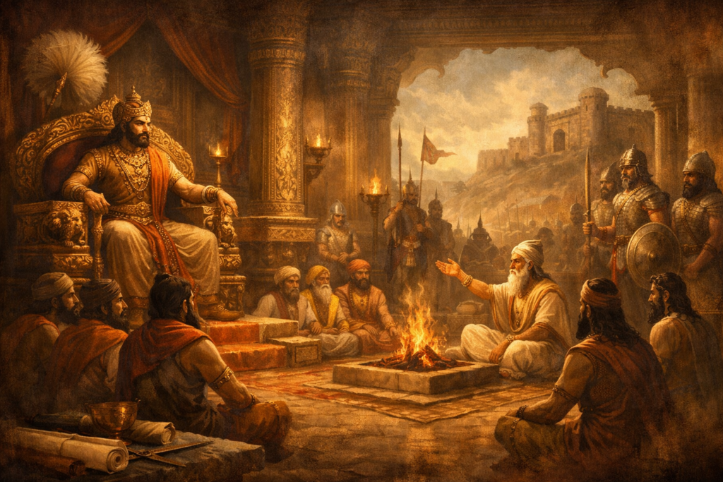 वैदिक काळातील राजा, सभा आणि सत्तेचे दरबार दृश्य– AI generated illustration