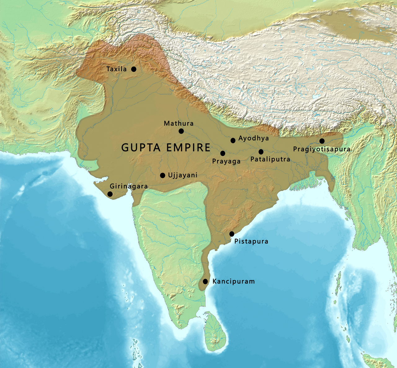 गुप्त साम्राज्याचा नकाशा {Image Credit: Wikimedia Commons / Map created from DEMIS Mapserver / CC BY 3.0}