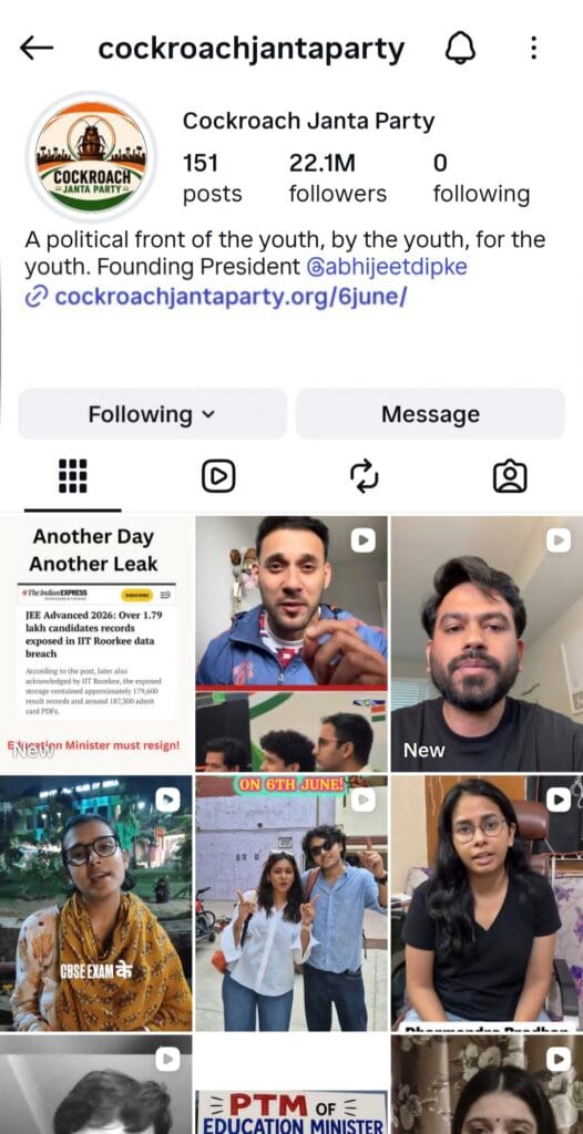 Cockroach Janta Party चे instagram account ची माहिती जे कि काही दिवसातच Cockroach Janta Party चे followers वाढलेले दर्शवते 