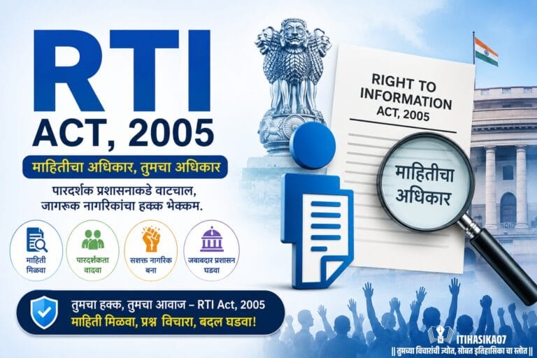 RTI Act 2005 माहितीचा अधिकार कायदा दर्शवणारे माहितीपूर्ण चित्र, भारतीय संसद, अशोक स्तंभ आणि माहितीच्या अधिकाराचे प्रतीक