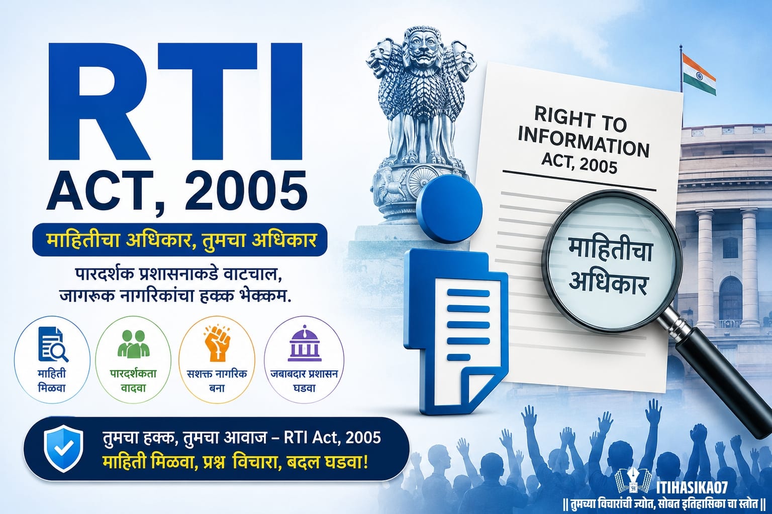 46971 RTI Act 2005 माहितीचा अधिकार कायदा दर्शवणारे माहितीपूर्ण चित्र, भारतीय संसद, अशोक स्तंभ आणि माहितीच्या अधिकाराचे प्रतीक– AI generated illustration