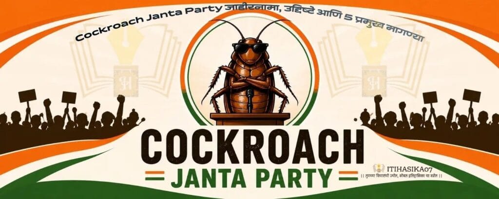 Cockroach Janta Party founder Abhijeet Deepke with the party's five-point manifesto and vision for unemployed youth in India—the main image credit is by CJP.