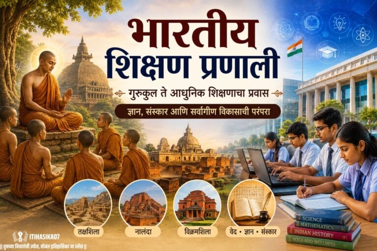 भारतीय शिक्षण प्रणालीचा इतिहास दर्शवणारे बौद्ध शिक्षण आणि आधुनिक शिक्षणाचे चित्र