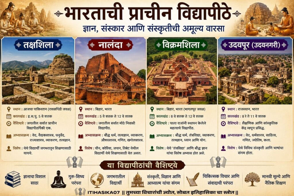तक्षशिला, नालंदा, विक्रमशिला आणि उदयपूर या प्राचीन भारतीय विद्यापीठांचे इतिहास, स्थान आणि वैशिष्ट्ये दर्शवणारे माहितीपूर्ण चित्र – AI generated illustration.