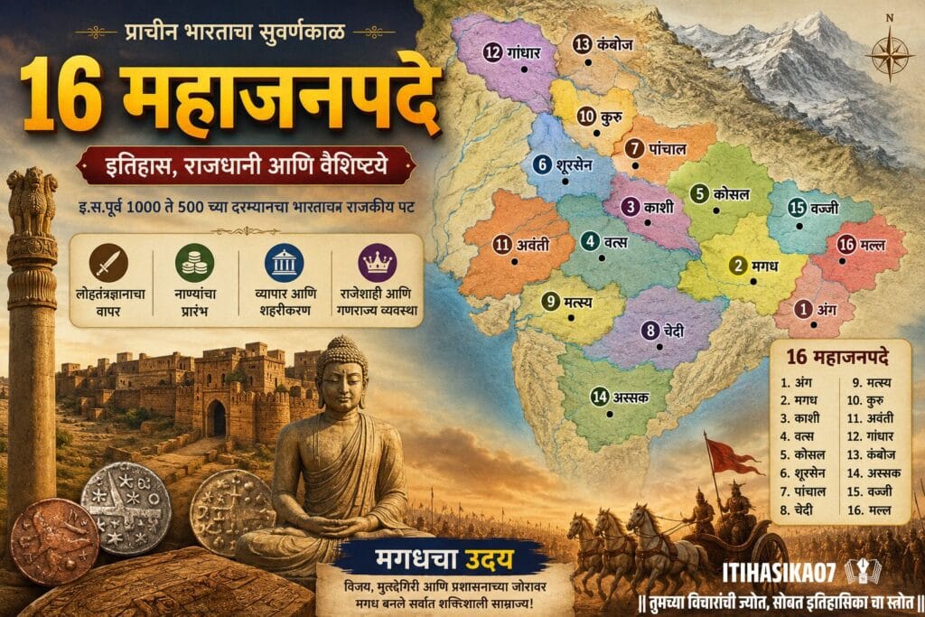 प्राचीन भारतातील १६ महाजनपदे आणि त्यांचा नकाशा दर्शविणारे चित्र, ज्यामध्ये मगध, कोसल, अवंती, गांधार, वज्जी, काशी आणि इतर प्रमुख राज्यांचे स्थान दाखवले आहे– AI generated illustration.