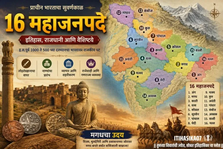 प्राचीन भारतातील १६ महाजनपदांचा नकाशा दर्शविणारे चित्र, ज्यामध्ये मगध, कोसल, अवंती, गांधार, वज्जी, काशी आणि इतर प्रमुख राज्यांचे स्थान दाखवले आहे– AI-generated illustration