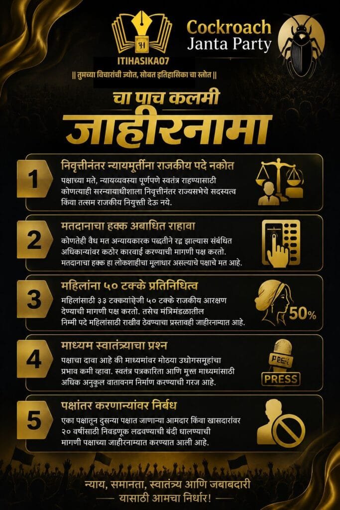 Cockroach Janta Party च्या पाच कलमी जाहीरनाम्याचे काळ्या आणि सुवर्ण रंगातील पोस्टर, ज्यामध्ये न्यायव्यवस्था स्वातंत्र्य, मतदान हक्क, महिलांना 50% प्रतिनिधित्व, माध्यम स्वातंत्र्य आणि पक्षांतरबंदी याबाबतचे मुद्दे दाखवले आहेत – AI generated illustration