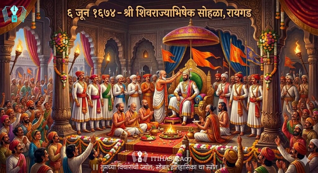 छत्रपती शिवाजी महाराजांचा रायगड किल्ल्यावर झालेला भव्य राज्याभिषेक सोहळा, मराठा सरदार आणि प्रजेसह ऐतिहासिक दृश्य “This is an AI-generated illustrative image, not a real photograph.”