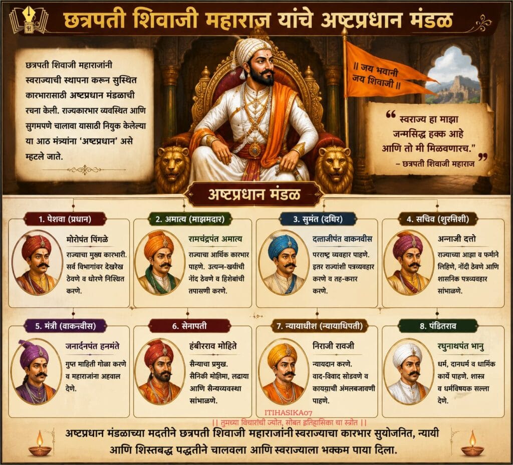 छत्रपती शिवाजी महाराज यांच्या अष्टप्रधान मंडळाची माहिती दर्शवणारे चित्र, ज्यामध्ये पेशवा, अमात्य, सचिव, मंत्री, सुमंत, सेनापती, न्यायाधीश आणि पंडितराव यांच्या भूमिका व कार्यांची माहिती दिलेली आहे.“This is an AI-generated illustrative image, not a real photograph.”