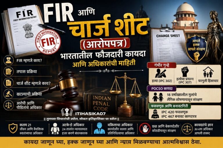 भारतीय न्यायव्यवस्थेतील FIR नोंदणी, चार्ज शीट, अटक प्रक्रिया, POCSO कायदा आणि नागरिकांचे संविधानिक अधिकार दर्शवणारे फीचर्ड इमेज.