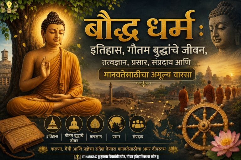 बौद्ध धर्माचा इतिहास, गौतम बुद्धांचे जीवन, तत्त्वज्ञान, संप्रदाय आणि जागतिक प्रसार दर्शवणारे माहितीपूर्ण चित्र– AI generated illustration