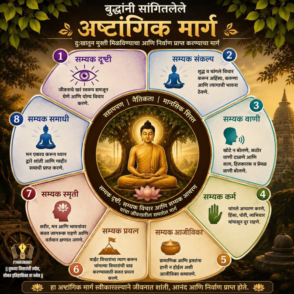 गौतम बुद्धांनी सांगितलेल्या अष्टांगिक मार्गातील सम्यक दृष्टी, संकल्प, वाणी, कर्म, आजीविका, प्रयत्न, स्मृती आणि समाधी दर्शवणारे माहितीपूर्ण चित्र– AI generated illustration