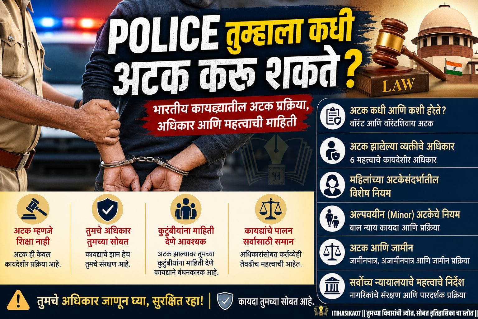भारतीय कायद्यानुसार Police अटक प्रक्रिया, अटक वॉरंट, जामीन, नागरिकांचे अधिकार, महिलांच्या आणि अल्पवयीनांच्या अटकेचे नियम दर्शवणारे माहितीपूर्ण चित्र – AI generated illustration