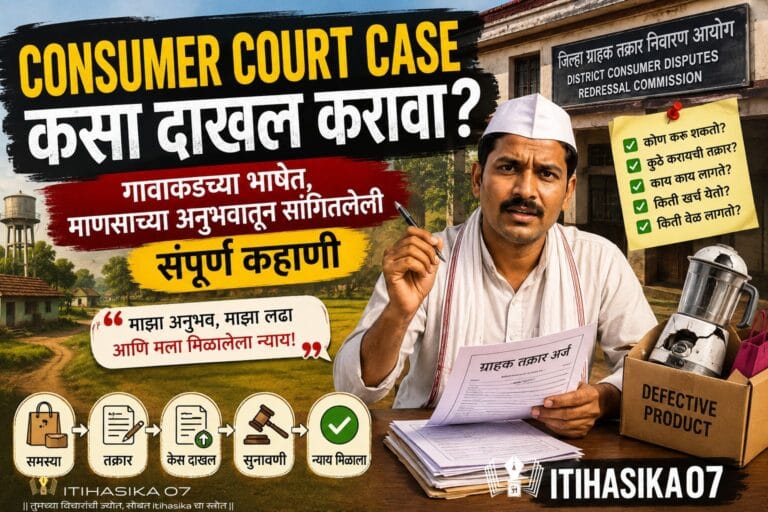 Consumer Court Case कसा दाखल करावा याबद्दल माहिती देणारा मराठी थंबनेल, ग्राहक न्यायालय प्रक्रिया, तक्रार अर्ज, सुनावणी आणि न्याय मिळवण्याचा मार्ग दर्शवणारे चित्र– AI generated illustration