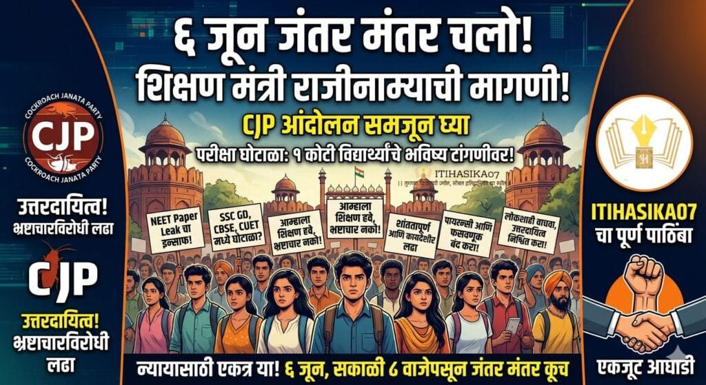 "६ जून रोजी दिल्लीतील जंतर-मंतर येथे होणाऱ्या CJP (कॉकरोच जनता पार्टी) आंदोलनाचा माहितीपर डिजिटल बॅनर. ज्यामध्ये शिक्षण मंत्री धर्मेंद्र प्रधान यांच्या राजीनाम्याची मागणी करणारा आणि १ कोटी विद्यार्थ्यांच्या पेपरफुटी घोटाळ्याचा उल्लेख असलेला मराठी मजकूर आहे. बॅनरवर ITIHASIKA07 चा पाठिंबा दर्शवणारा लोगो आणि जंतर-मंतर समोर एकत्र आलेल्या आंदोलक विद्यार्थ्यांचे चित्र आहे– AI generated illustration"