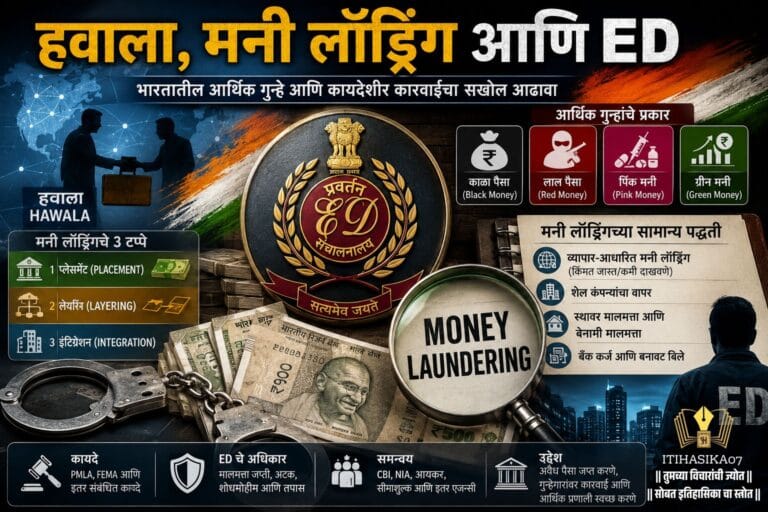 हवाला, मनी लाँड्रिंग आणि ED (अंमलबजावणी संचालनालय) तपास प्रक्रियेचे चित्रण करणारे माहितीपूर्ण फिचर्ड इमेज, ज्यामध्ये आर्थिक गुन्हे, काळा पैसा, शेल कंपन्या, मनी लाँड्रिंगचे टप्पे आणि भारतातील कायदेशीर कारवाई दर्शविली आहे– AI generated illustration