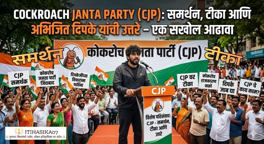 "कोकरोच जनता पार्टी (CJP) च्या राजकीय सभेच्या मंचावर माईकसमोर उभे राहून भाषण देत असलेले अभिजित दिपके. बॅकग्राउंडला पक्षाचे नाव आणि कॉकरोचचे चिन्ह असलेला मोठा बॅनर असून, समोर CJP चे समर्थन करणारे आणि टीका करणारे फलक हातात घेतलेली गर्दी दिसत आहे. वर 'Cockroach Janta Party (CJP): समर्थन, टीका आणि अभिजित दिपके यांची उत्तरे – एक सखोल आढावा' हा मुख्य मजकूर स्पष्टपणे दिसत आहे– AI generated illustration”
