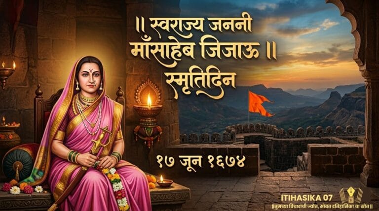 राजमाता जिजाऊ स्मृतिदिन १७ जून १६७४ दर्शविणारे चित्र, सिंहासनावर विराजमान जिजाऊ, पार्श्वभूमीला रायगड किल्ला आणि भगवा ध्वज– AI generated illustration