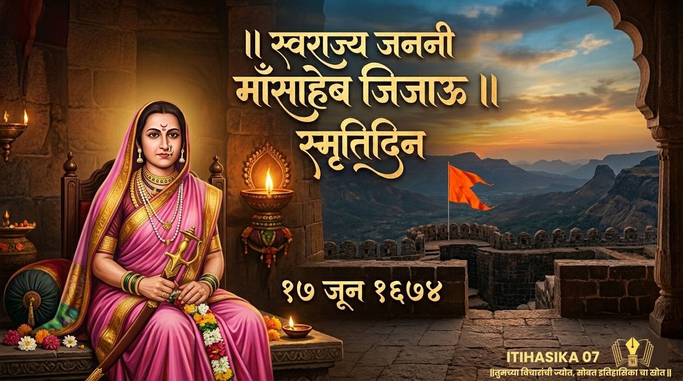 जिजाऊ स्मृतिदिन राजमाता जिजाऊ स्मृतिदिन 17 जून 1674 दर्शविणारे चित्र, सिंहासनावर विराजमान जिजाऊ, पार्श्वभूमीला रायगड किल्ला आणि भगवा ध्वज– AI generated illustration.