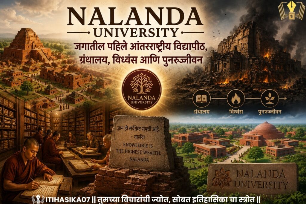 Nalanda University चे प्राचीन वैभव, विशाल ग्रंथालय, विध्वंस आणि आधुनिक पुनरुज्जीवन दर्शवणारी माहितीपूर्ण चित्ररचना– AI generated illustration.