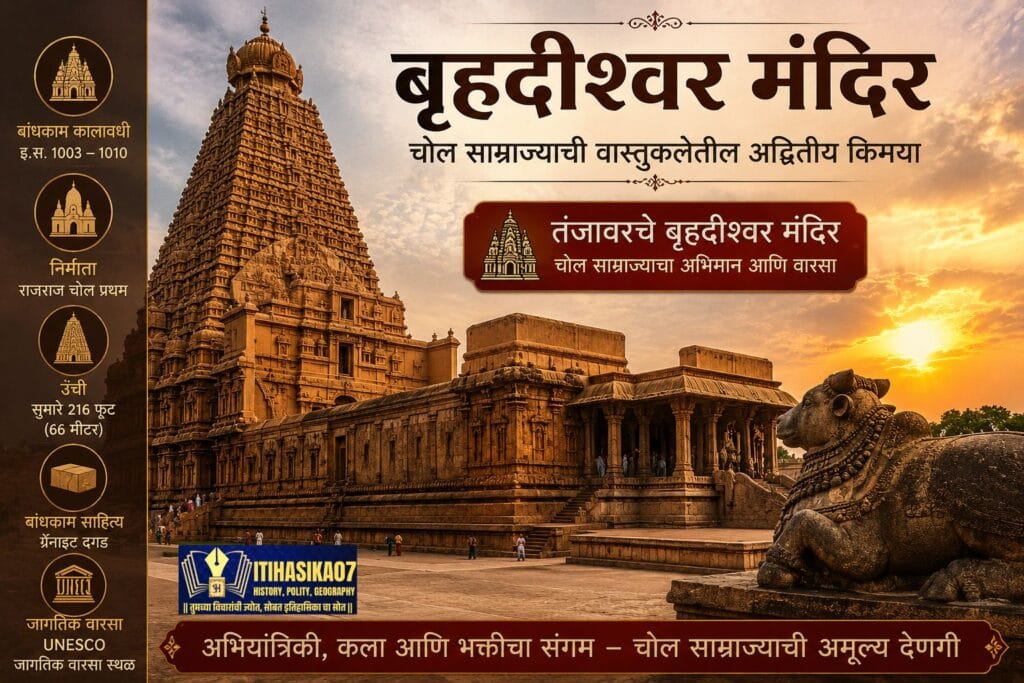 तंजावर येथील बृहदीश्वर मंदिराचे भव्य दृश्य, राजराज चोल यांनी उभारलेले चोलकालीन वास्तुकलेचे जागतिक वारसा स्मारक – AI generated illustration.