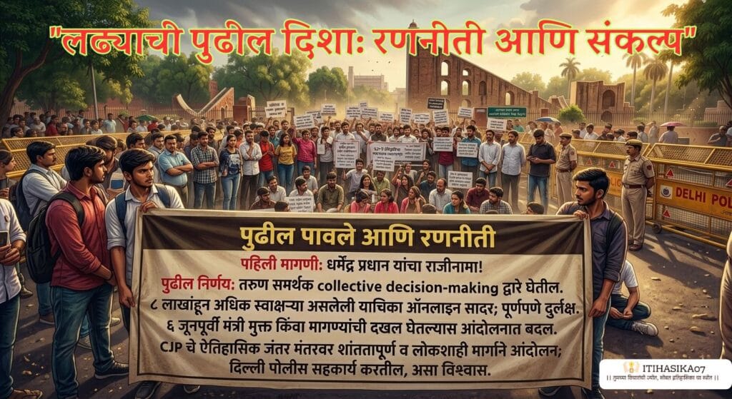 जंतर मंतरच्या पार्श्वभूमीवर आंदोलन करणाऱ्या CJP च्या तरुणांचे एक डिजिटल इलस्ट्रेशन (चित्तवेधक चित्र). समोर काही तरुण एक मोठा बॅनर धरून उभे आहेत, ज्यावर मराठीत 'पुढील पावले आणि रणनीती' या शीर्षकाखाली आंदोलनाचे मुद्दे व मागण्या स्पष्टपणे लिहिलेल्या आहेत. आजूबाजूला गर्दी आणि पोलीस बॅरिकेड्स दिसत आहेत– AI generated illustration”