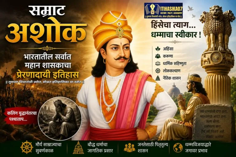 कलिंग युद्धानंतर बौद्ध धम्म स्वीकारणारे सम्राट अशोक, अशोक स्तंभ, धम्मचक्र आणि शांततेचा संदेश दर्शवणारे ऐतिहासिक चित्र