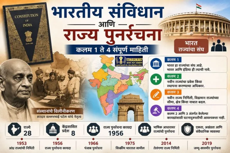 भारतीय संविधान, कलम 1 ते 4, भारत हा राज्यांचा संघ, राज्य पुनर्रचना, सरदार वल्लभभाई पटेल, भारताचा नकाशा, संसद भवन आणि संस्थानांच्या विलीनीकरणाची माहिती दर्शवणारे आकर्षक माहितीपूर्ण चित्र– AI-generated illustration
