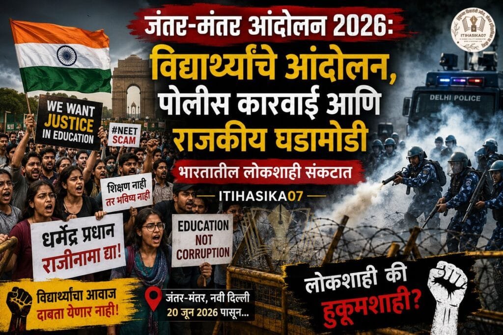 २०२६ मधील दिल्ली जंतर-मंतर आंदोलनात सहभागी विद्यार्थी, NEET आंदोलन, धर्मेंद्र प्रधान राजीनामा मागणी आणि लोकशाहीवरील चर्चा दर्शवणारे दृश्य – AI generated illustration