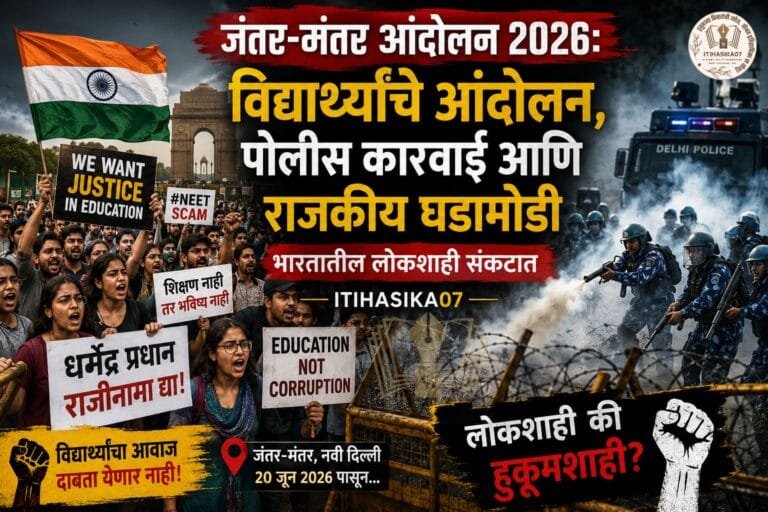 २०२६ मधील दिल्ली जंतर-मंतर आंदोलनात सहभागी विद्यार्थी, NEET आंदोलन, धर्मेंद्र प्रधान राजीनामा मागणी आणि लोकशाहीवरील चर्चा दर्शवणारे दृश्य– AI generated illustration