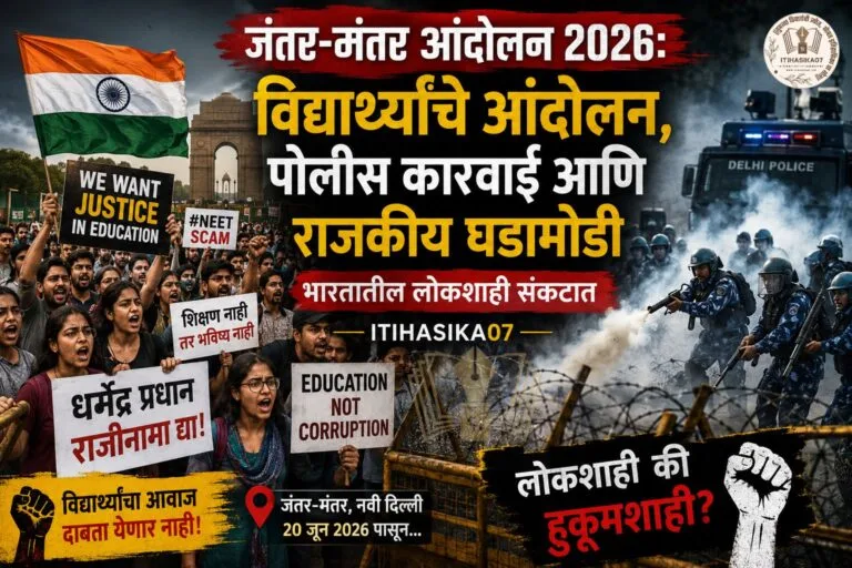 २०२६ मधील दिल्ली जंतर-मंतर आंदोलनात सहभागी विद्यार्थी, NEET आंदोलन, धर्मेंद्र प्रधान राजीनामा मागणी आणि लोकशाहीवरील चर्चा दर्शवणारे दृश्य– AI generated illustration
