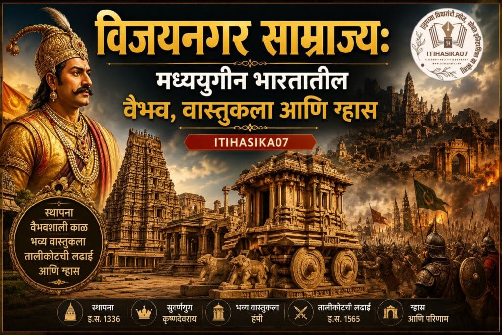 हंपी येथील विरुपाक्ष मंदिर आणि कृष्णदेवराय यांच्या पार्श्वभूमीवर दर्शविलेले विजयनगर साम्राज्याचे ऐतिहासिक चित्र– AI generated illustration