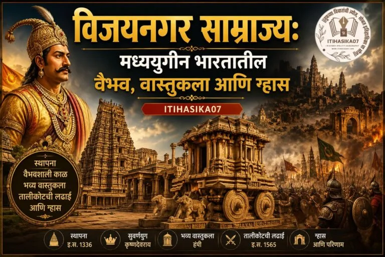 हंपी येथील विरुपाक्ष मंदिर आणि कृष्णदेवराय यांच्या पार्श्वभूमीवर दर्शविलेले विजयनगर साम्राज्याचे ऐतिहासिक चित्र– AI generated illustration