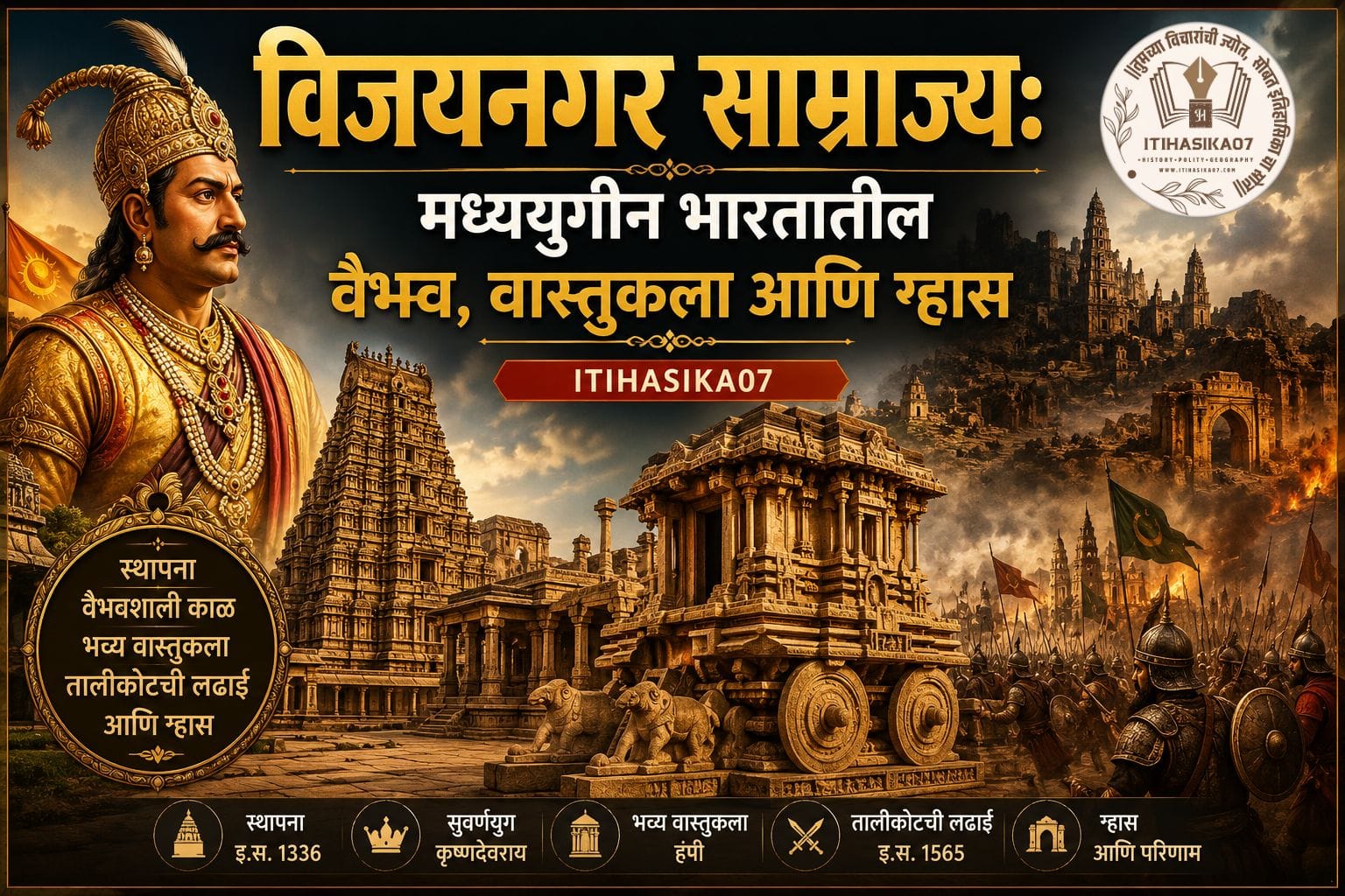 हंपी येथील विरुपाक्ष मंदिर आणि कृष्णदेवराय यांच्या पार्श्वभूमीवर दर्शविलेले विजयनगर साम्राज्याचे ऐतिहासिक चित्र– AI generated illustration