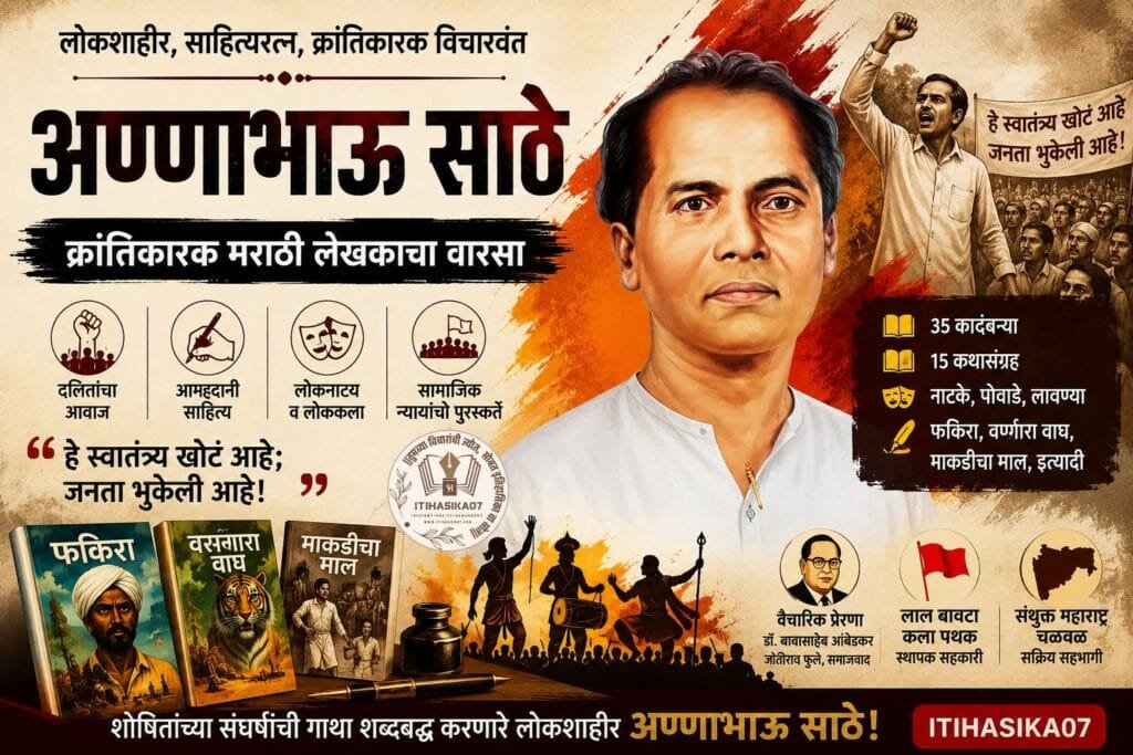 अण्णाभाऊ साठे यांचे चित्र, क्रांतिकारक मराठी लेखक, लोकशाहीर, साहित्यरत्न, फकिरा कादंबरीचे लेखक, दलित साहित्य, सामाजिक न्याय आणि मराठी साहित्यावरील माहिती दर्शवणारे Image– AI generated illustration.