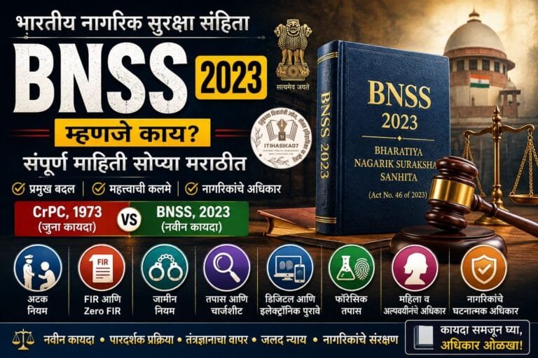 BNSS 2023 म्हणजे काय भारतीय नागरिक सुरक्षा संहिता अटक FIR जामीन आणि नागरिकांचे अधिकार– AI generated illustration