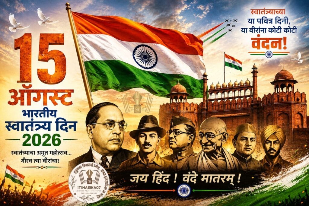 15 ऑगस्ट भारतीय स्वातंत्र्य दिन (independence-day) 2026 दर्शवणारा तिरंगा, लाल किल्ला आणि स्वातंत्र्यसैनिक
