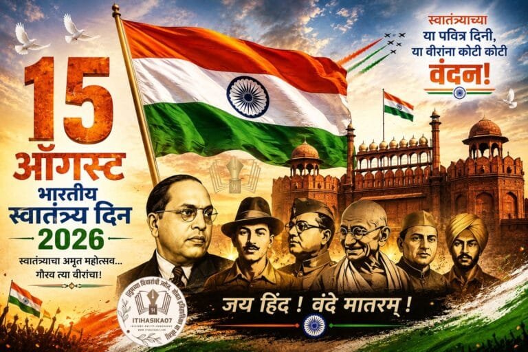 15 ऑगस्ट भारतीय स्वातंत्र्य दिन 2026 दर्शवणारा तिरंगा, लाल किल्ला आणि स्वातंत्र्यसैनिक – AI generated illustration