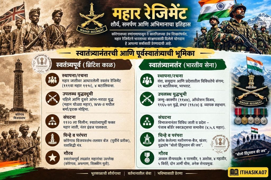 महार रेजिमेंटचा स्वातंत्र्यपूर्व आणि स्वातंत्र्यानंतरचा लष्करी इतिहास, युद्धभूमी, परंपरा आणि शौर्य दर्शवणारे इन्फोग्राफिक – AI generated illustration