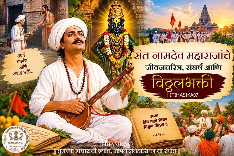 संत नामदेव महाराज विठ्ठलभक्तीत तल्लीन असलेले चित्र, त्यांच्या जीवनातील संघर्ष, अभंगरचना आणि वारकरी संतपरंपरेचे प्रतीक.– AI generated illustration.