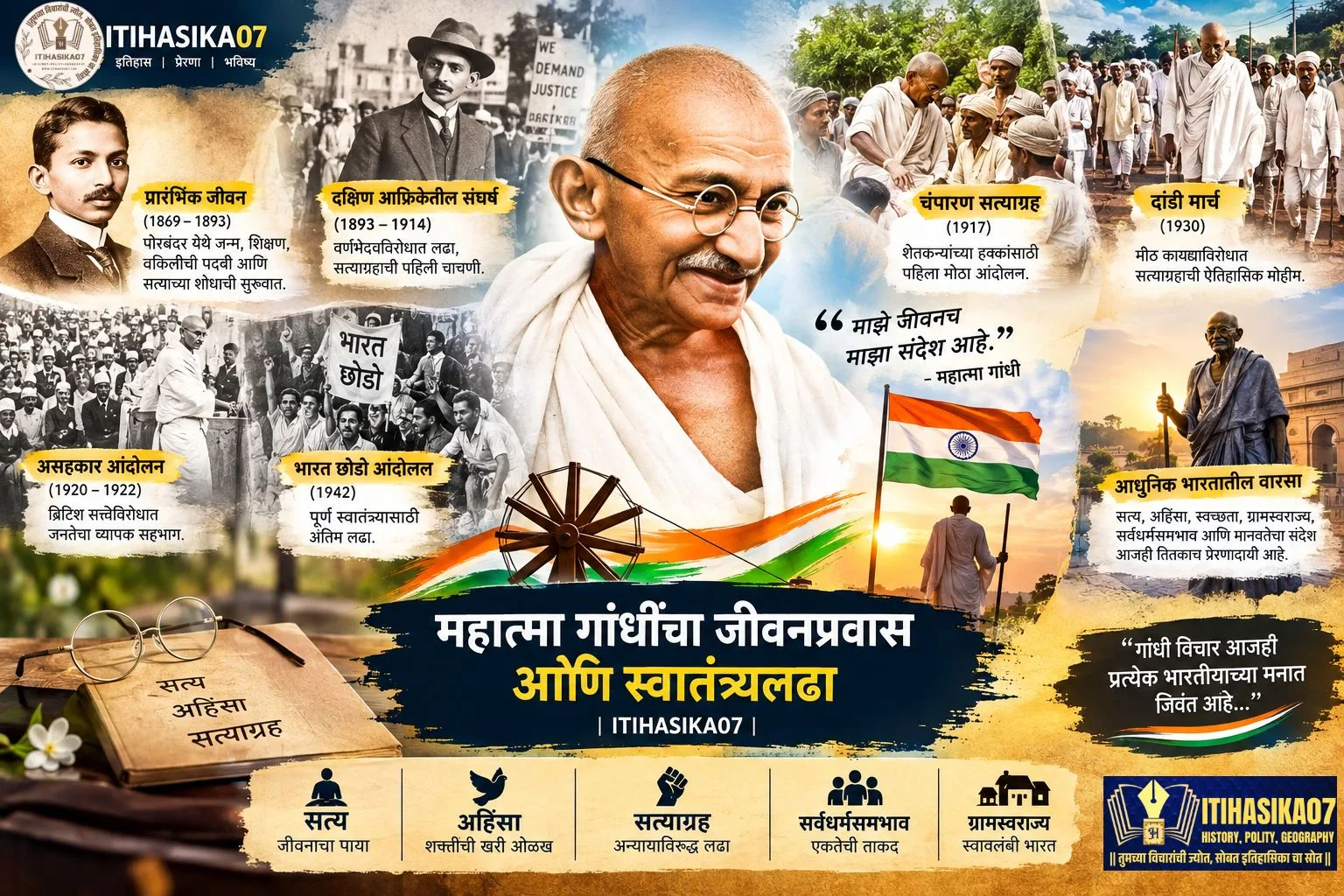 महात्मा गांधींचा जीवनप्रवास, अहिंसा, सत्याग्रह आणि भारतीय स्वातंत्र्यलढा दर्शवणारे चित्र– AI generated illustration