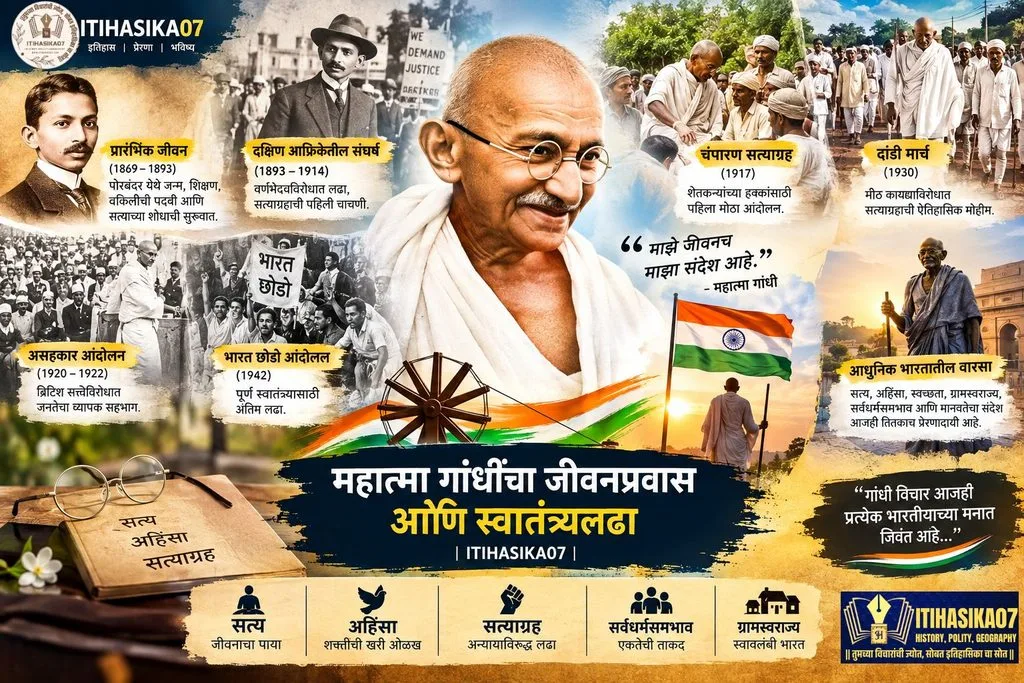 महात्मा गांधींचा जीवनप्रवास, अहिंसा, सत्याग्रह आणि भारतीय स्वातंत्र्यलढा दर्शवणारे चित्र– AI generated illustration